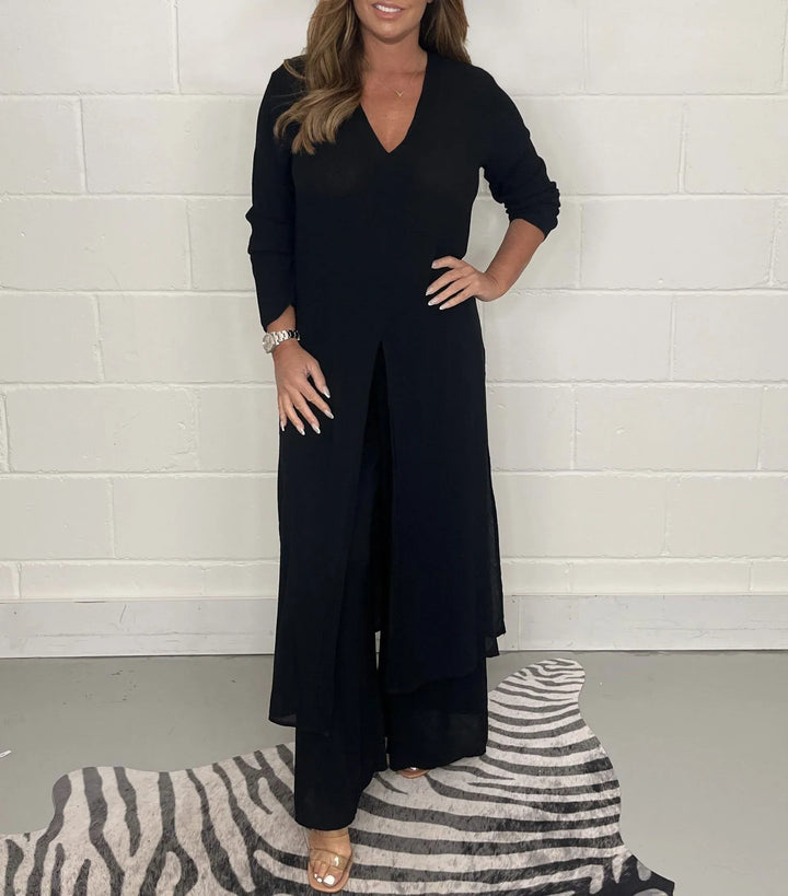 Two-piece women's set with wide trousers – Trendy & Airy – Cosima-Black-S-The Livary