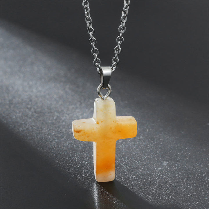 Necklace with Cross of Natural Gemstones - Seraphina-Yellow aventurine-The Livary