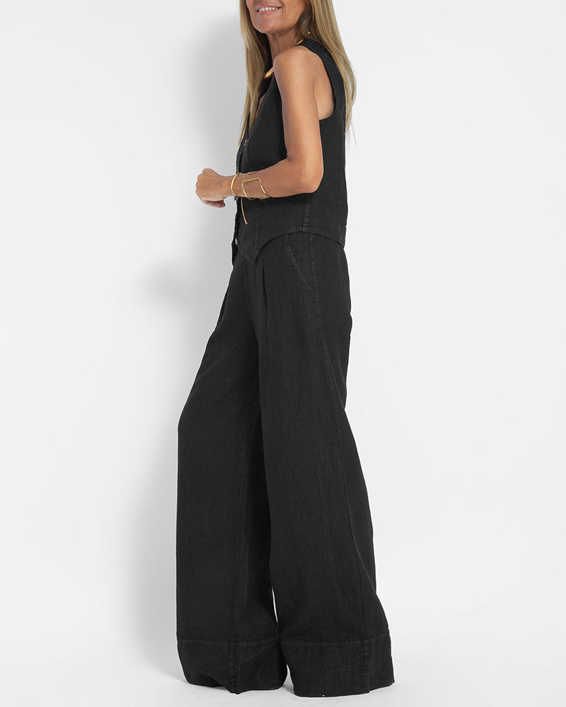 Linen 2-Piece Set with Wide Trousers and Jacket – Alma-Black-S-The Livary