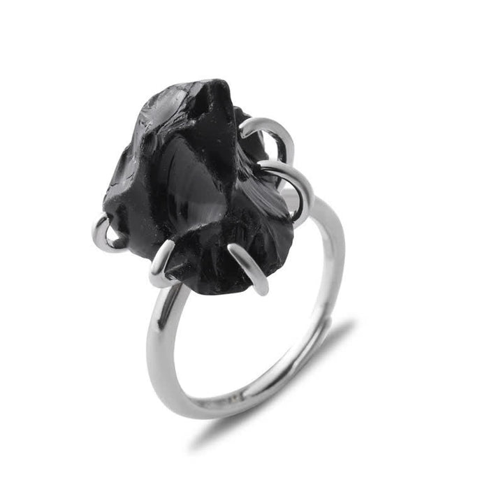 Six Claw Natural Crystal Adjustable Ring - Liora-Obsidian-Gold-The Livary