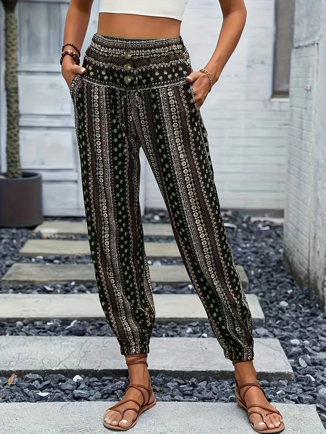 Boho High-Waist Women's Trousers with Print & Smocked Waistband – Linara-Dark green-S-The Livary