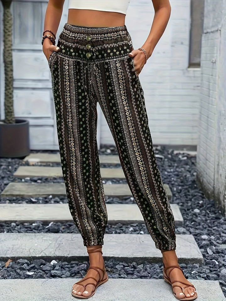 Boho High-Waist Women's Trousers with Print & Smocked Waistband – Linara-Dark green-S-The Livary