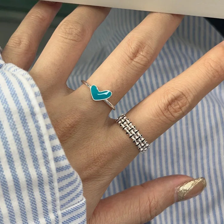 Silver Heart Ring with Blue Drop Detail - Ameline-The Livary