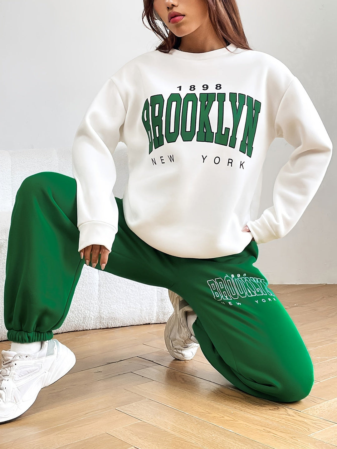 Two-piece Jogging Suit with Trendy Letter Print - Isabelle-Green-S-The Livary