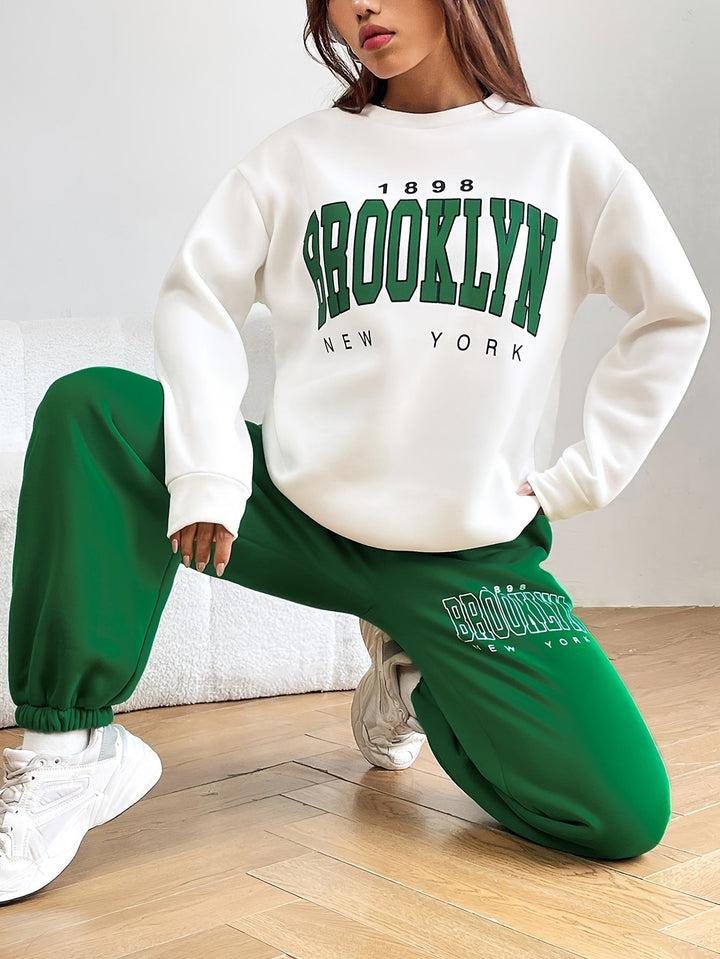 Two-piece Jogging Suit with Trendy Letter Print - Isabelle-Green-S-The Livary