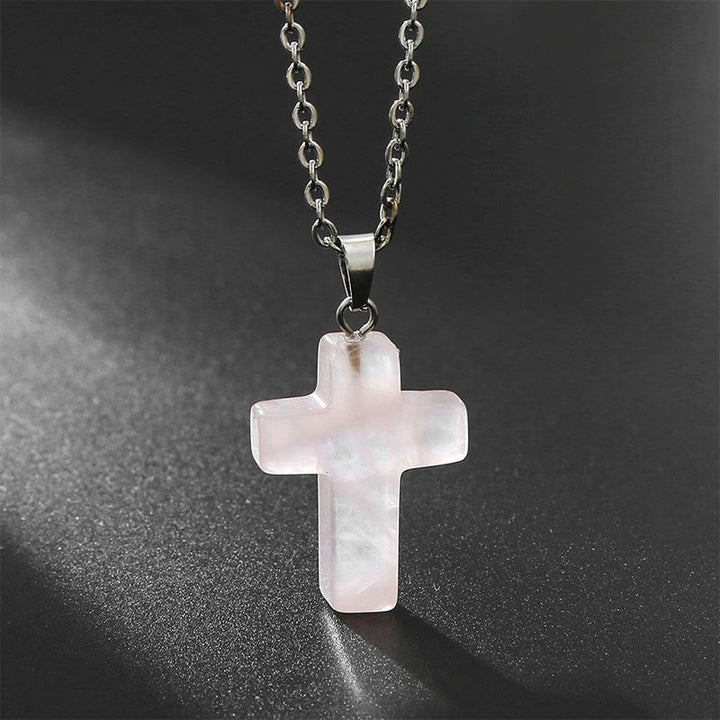 Necklace with Cross of Natural Gemstones - Seraphina-Rose quartz-The Livary