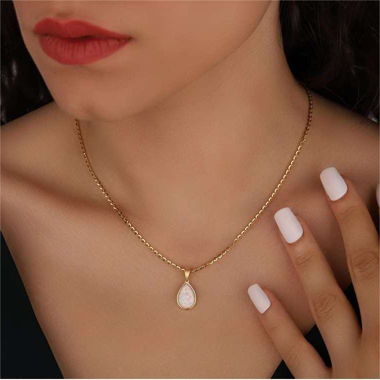 18K Natural Opal Drop Pendant Necklace - Eloise-The Livary