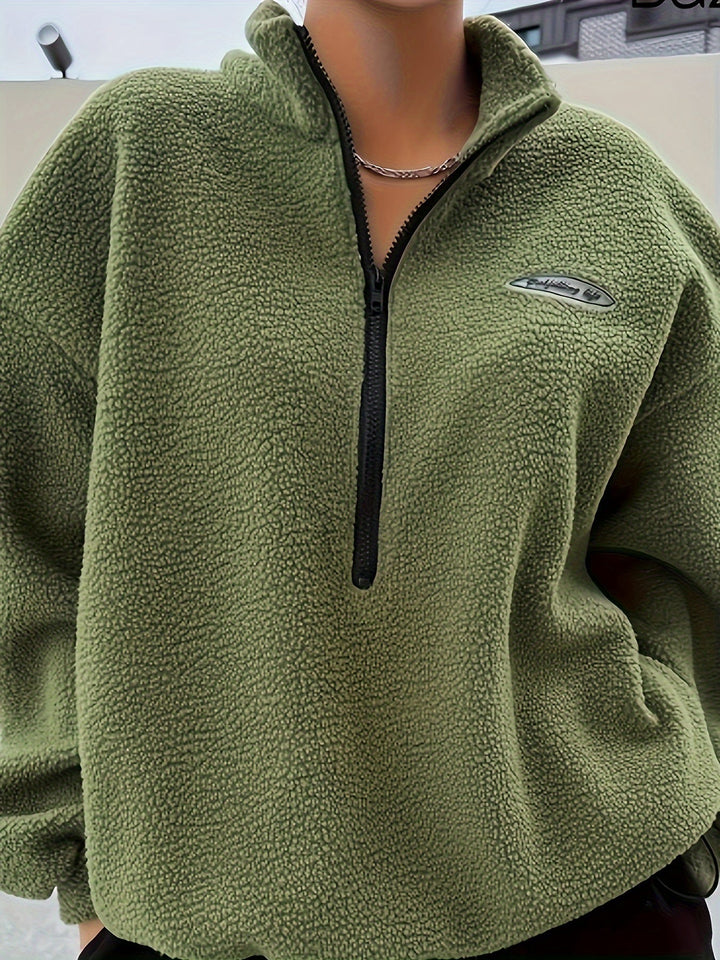 Plain Pullover Sweatshirt with Zipper - Nina-Green-S-The Livary