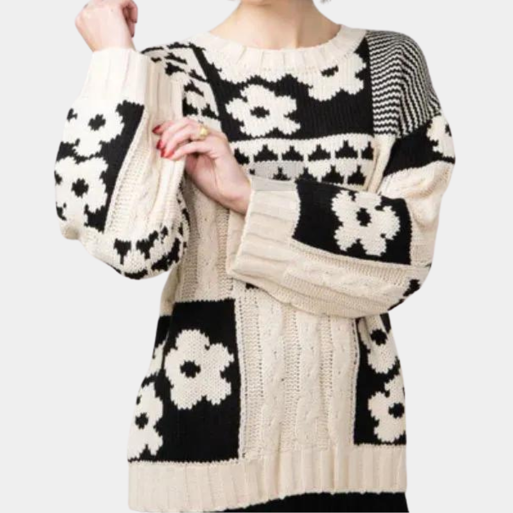 Loose Falling Knitted Ladies Sweater with Floral Print - Lilou-XS-The Livary