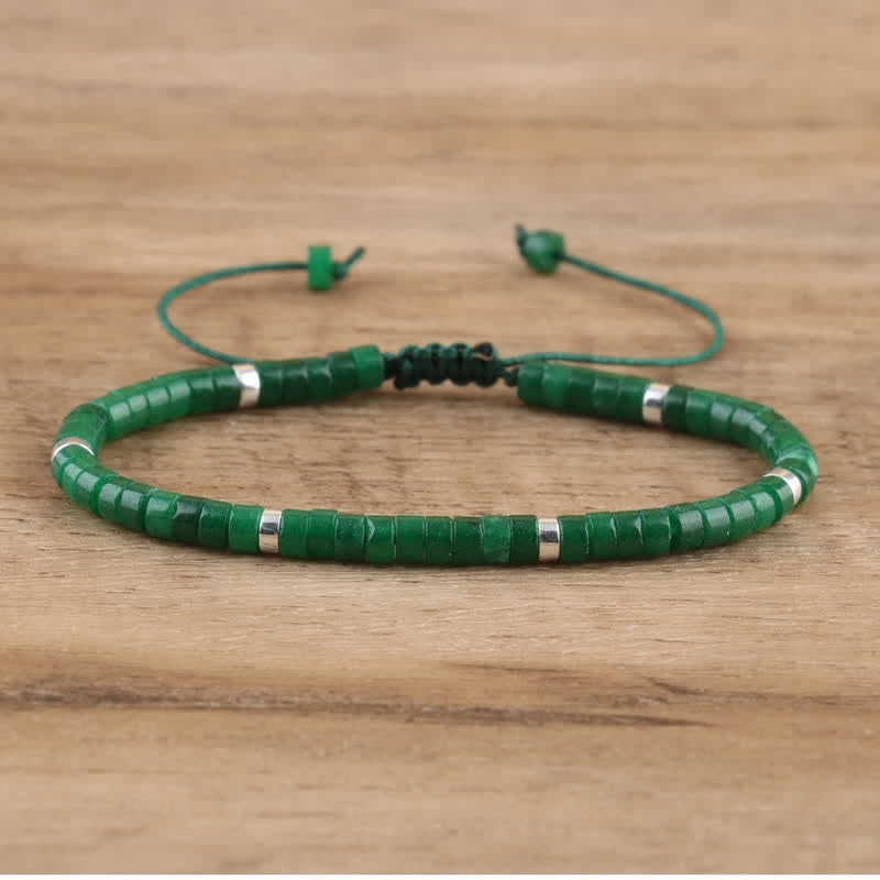 Braided Bracelet with 2.4 mm Natural Stone Rollers - Seraphina-Dark green jade-The Livary