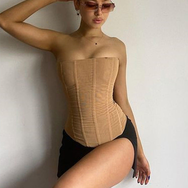 Trendy Women's Corset Crop Top with Shaping & Mesh Design – Celina-Khaki-S-The Livary