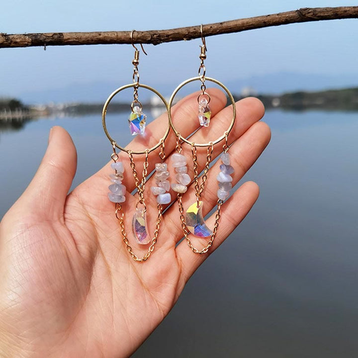 Natural Crystal Moon Stars Earrings - Elara-Purple Agate & Angel Aura Quartz-The Livary