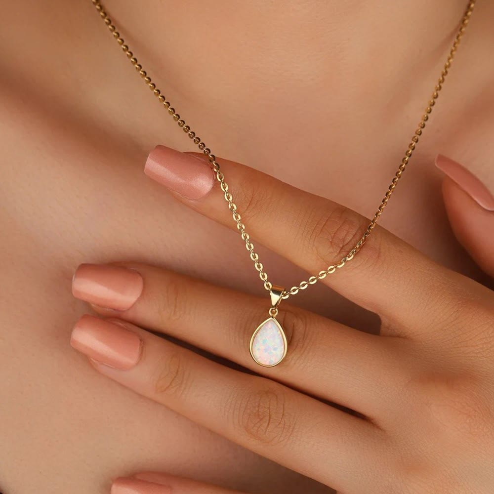 18K Natural Opal Drop Pendant Necklace - Eloise-The Livary