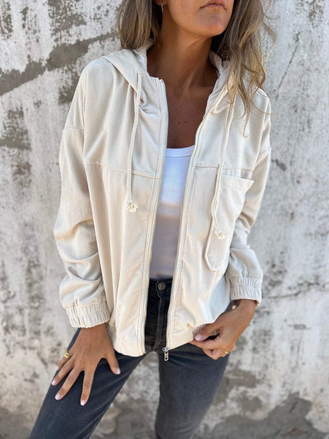 Women's leisure jacket with hood and zipper – Liana-White-S-The Livary