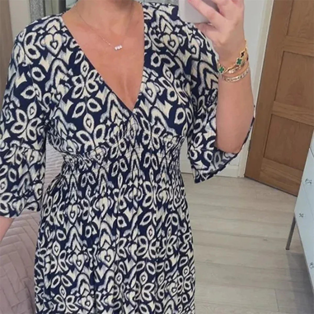 Long Floral Dress with V-neck – Liora-S-Dark blue-The Livary