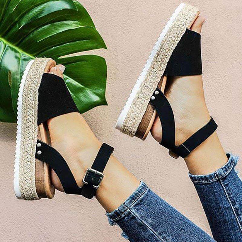 Ladies' wedge espadrille sandals with strap - Livia-Black-3-The Livary