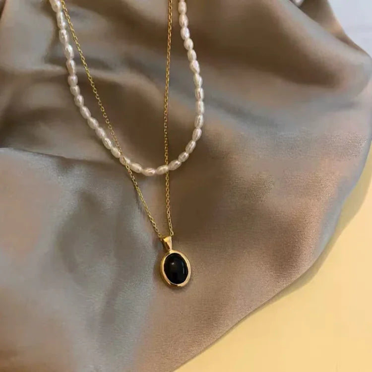 Black Onyx and Pearl Stack Necklace - Aria-The Livary