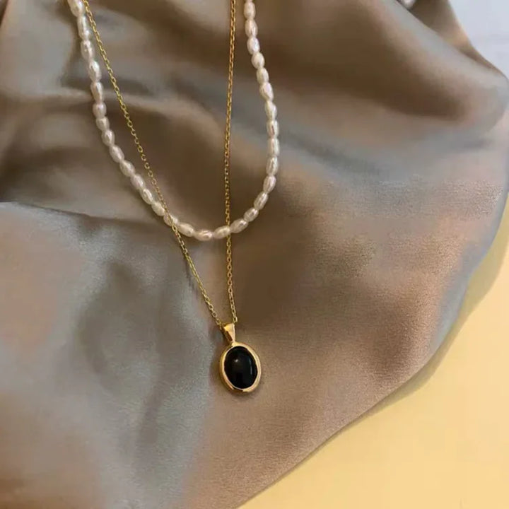 Black Onyx and Pearl Stack Necklace - Aria-The Livary