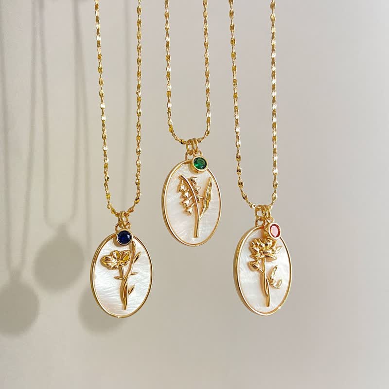 Birthstone with Birth Flowers Necklace - Aurora-January - Carnation-The Livary