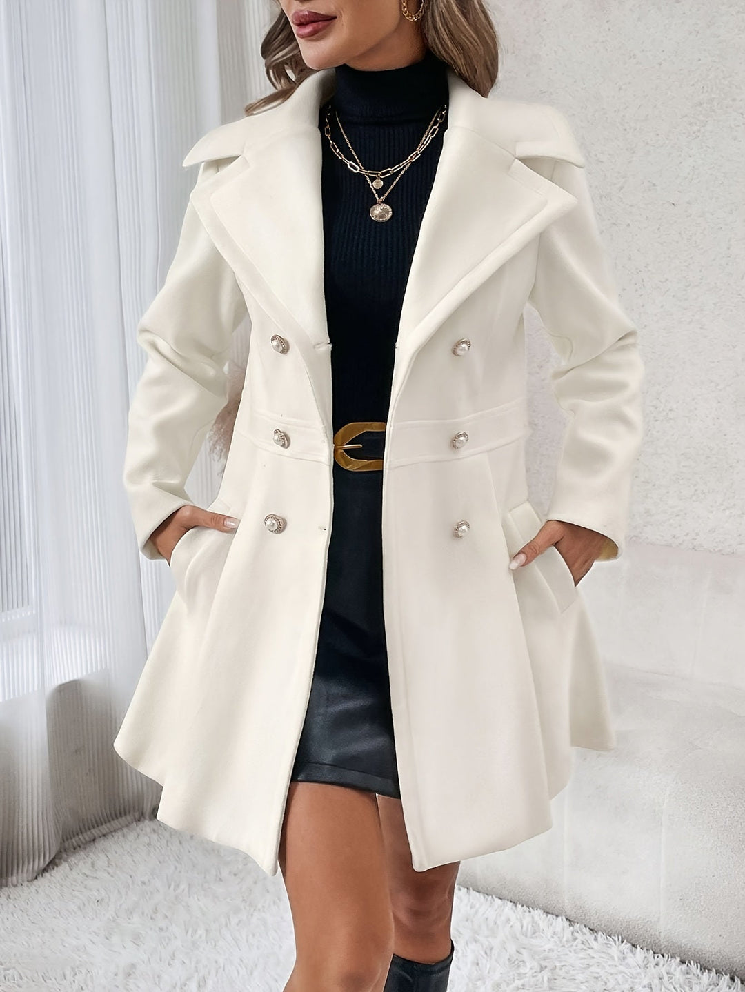 Stylish Flare Coat with Double-Breasted Buttons - Isadora-White-S-The Livary