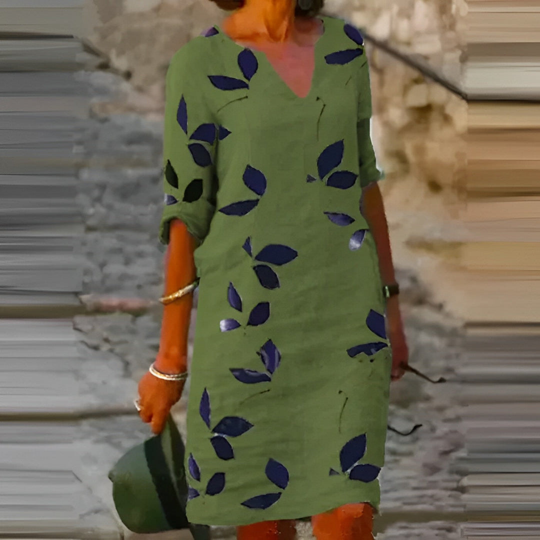 Trendy Summer Dress with Leaf Print – Liora-Green-S-The Livary