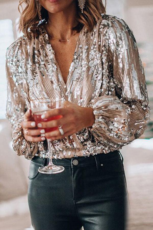 Sparkling & Stylish Women's Glitter V-Neck Long Sleeve Top – Naya-XS-The Livary