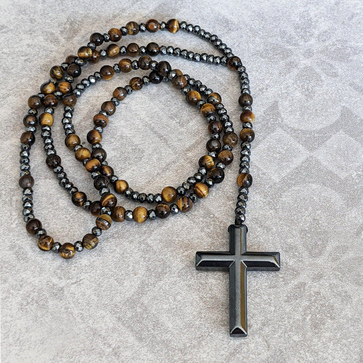 Tiger Eye and Lapis Lazuli Cross Rosary Necklace for Men - Orion-Tiger's eye-The Livary