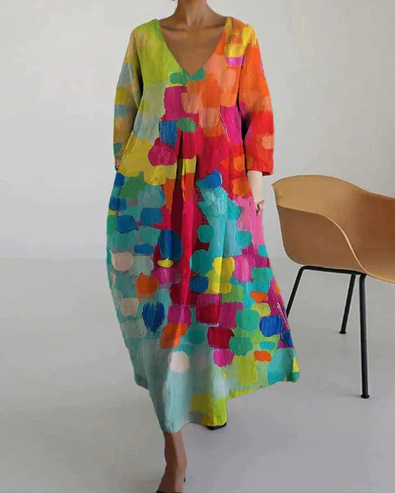 Colourful Printed Dress with V-Neck - Kim-S-The Livary