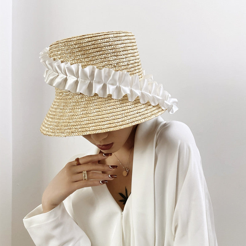 Braided summer hat with pleats and stripes – BreezyStripes-Khaki-One size fits all-The Livary