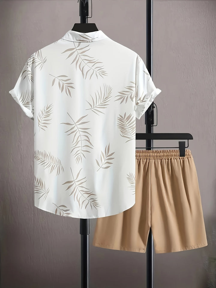 Two-piece summer set men leaf print shirt and shorts - Kiano-M(48)-The Livary