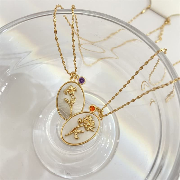 Birthstone with Birth Flowers Necklace - Aurora-January - Carnation-The Livary
