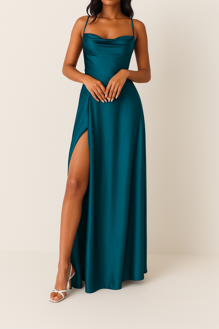 Sleeveless Silk Maxi Dress with High Slit – Serena-Blue-S-The Livary