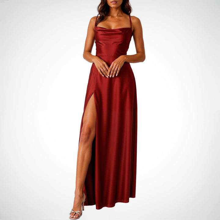 Sleeveless Silk Maxi Dress with High Slit – Serena-Red-S-The Livary