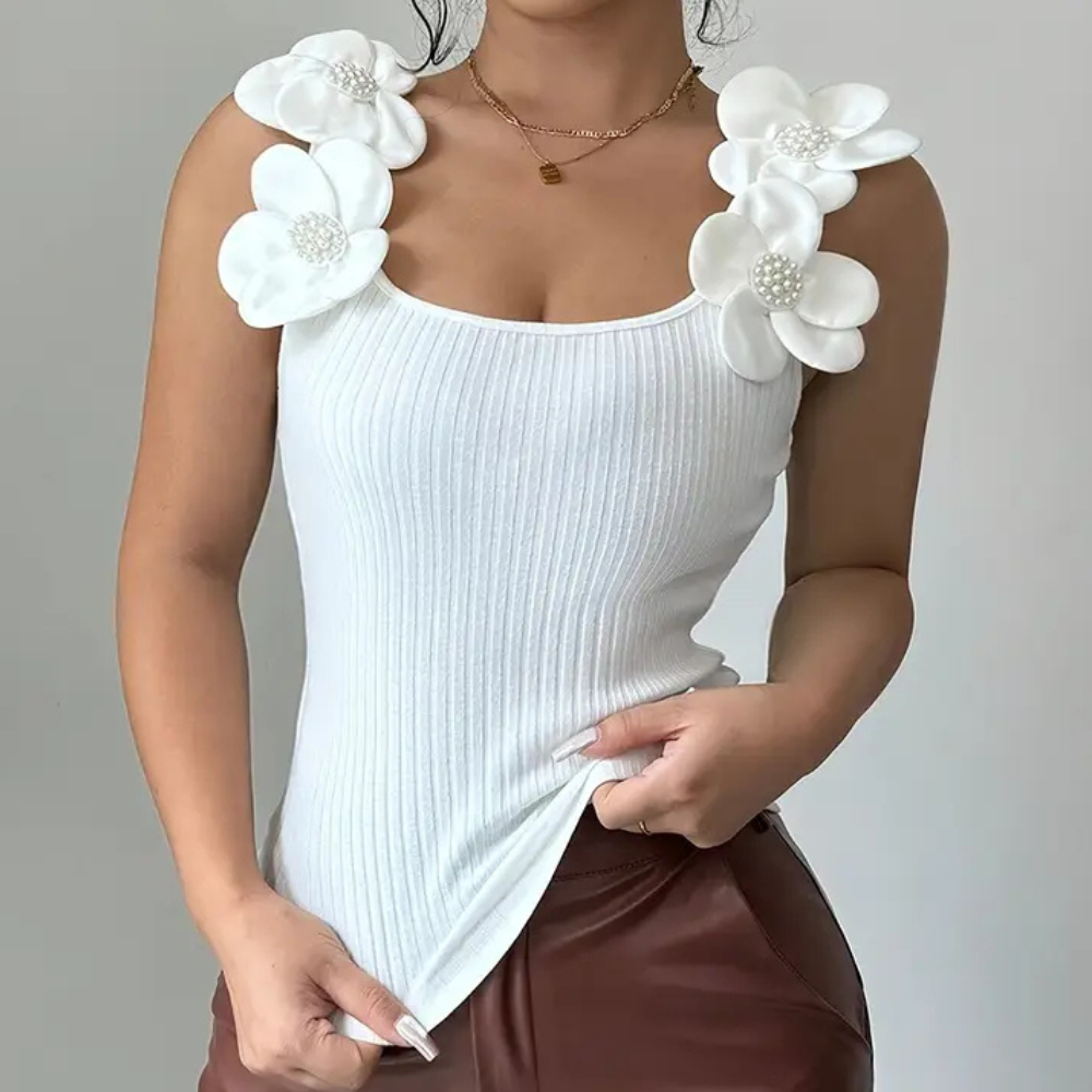 Trendy White Sleeveless Ladies' Top with Floral Details - Elara-XS-The Livary