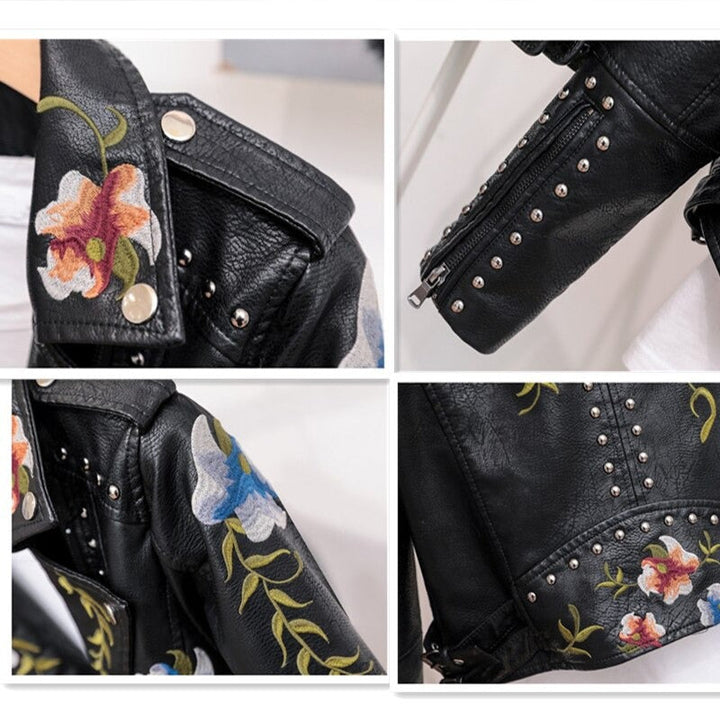Embroidered women's faux leather biker jacket – Eleonora-Black-S-The Livary