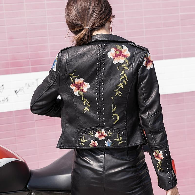 Embroidered women's faux leather biker jacket – Eleonora-Black-S-The Livary