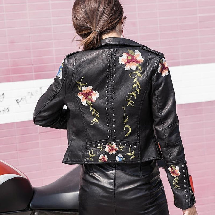 Embroidered women's faux leather biker jacket – Eleonora-Black-S-The Livary