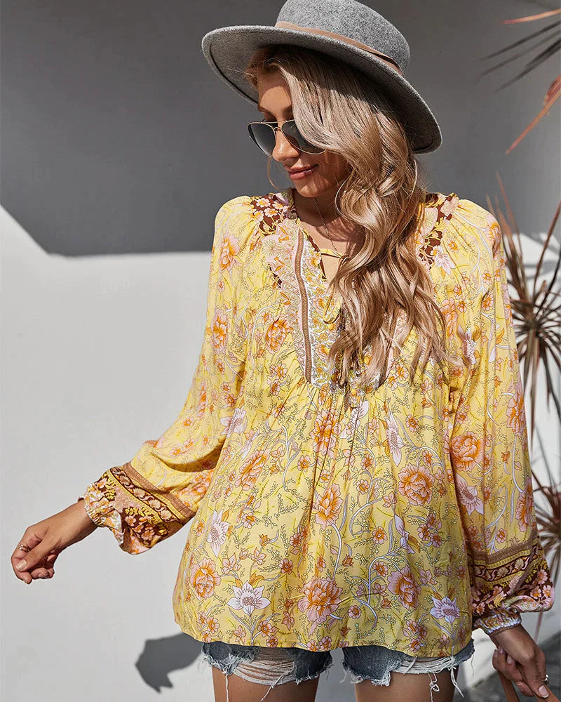Vintage Boho summer blouse with floral print and long sleeves – Sana-Green-S-The Livary