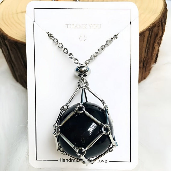 Necklace with Crystal Holder Pendant - CrystalGuard-Silver-Black Onyx-The Livary
