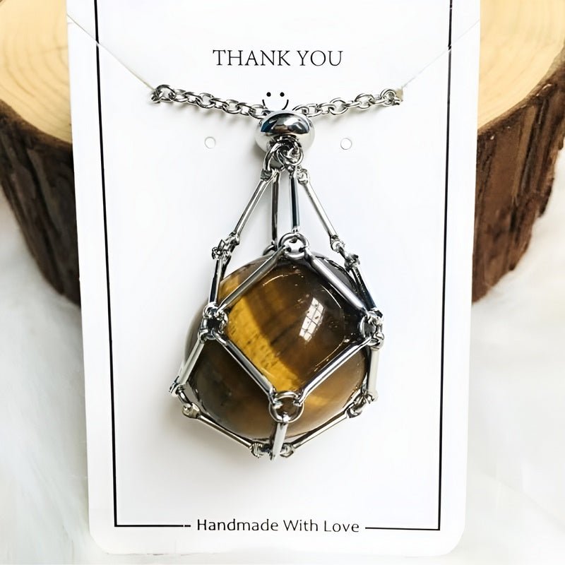 Necklace with Crystal Holder Pendant - CrystalGuard-Silver-Tiger's eye-The Livary
