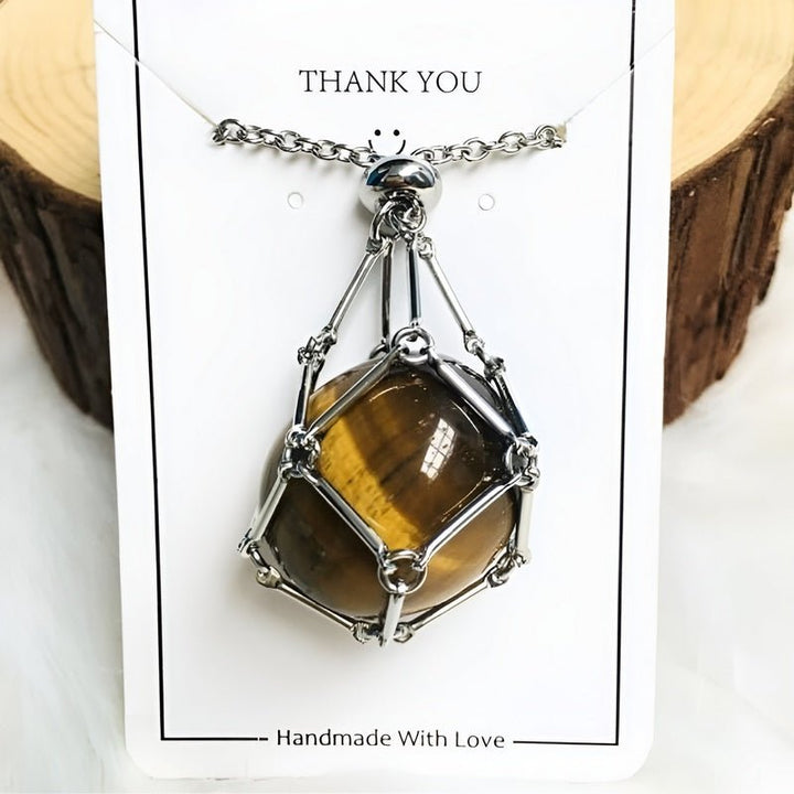 Necklace with Crystal Holder Pendant - CrystalGuard-Silver-Tiger's eye-The Livary