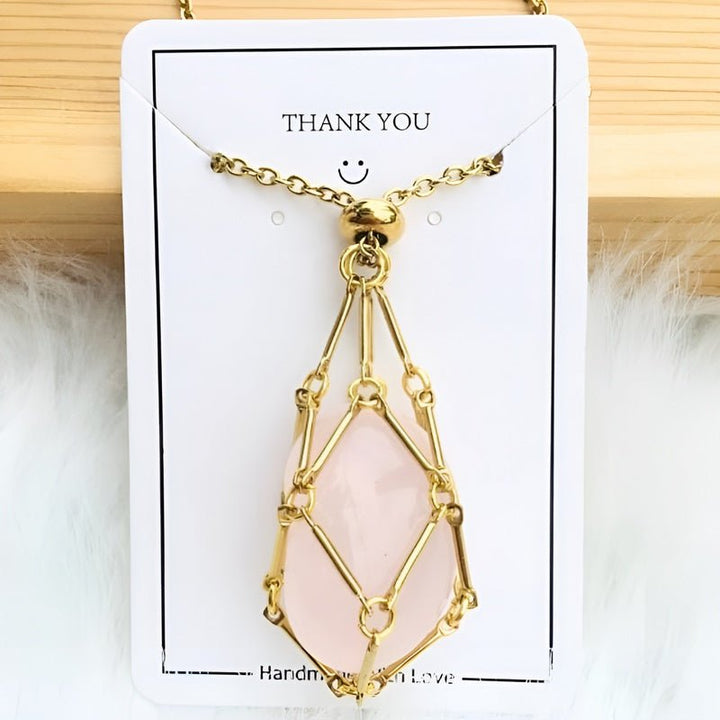 Necklace with Crystal Holder Pendant - CrystalGuard-Gold-Rose quartz-The Livary