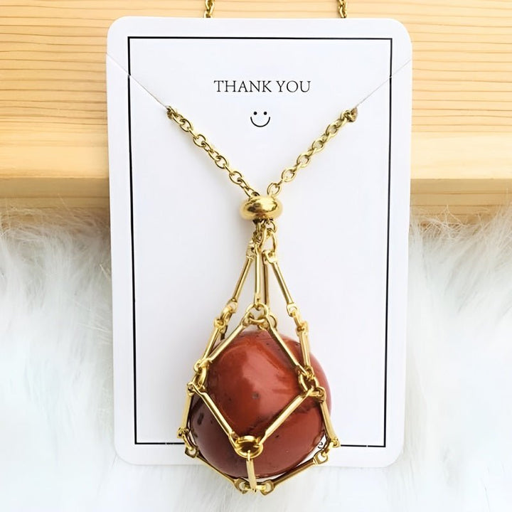 Necklace with Crystal Holder Pendant - CrystalGuard-Gold-Carnelian-The Livary