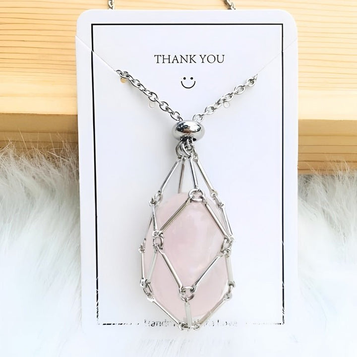 Necklace with Crystal Holder Pendant - CrystalGuard-Silver-Rose quartz-The Livary