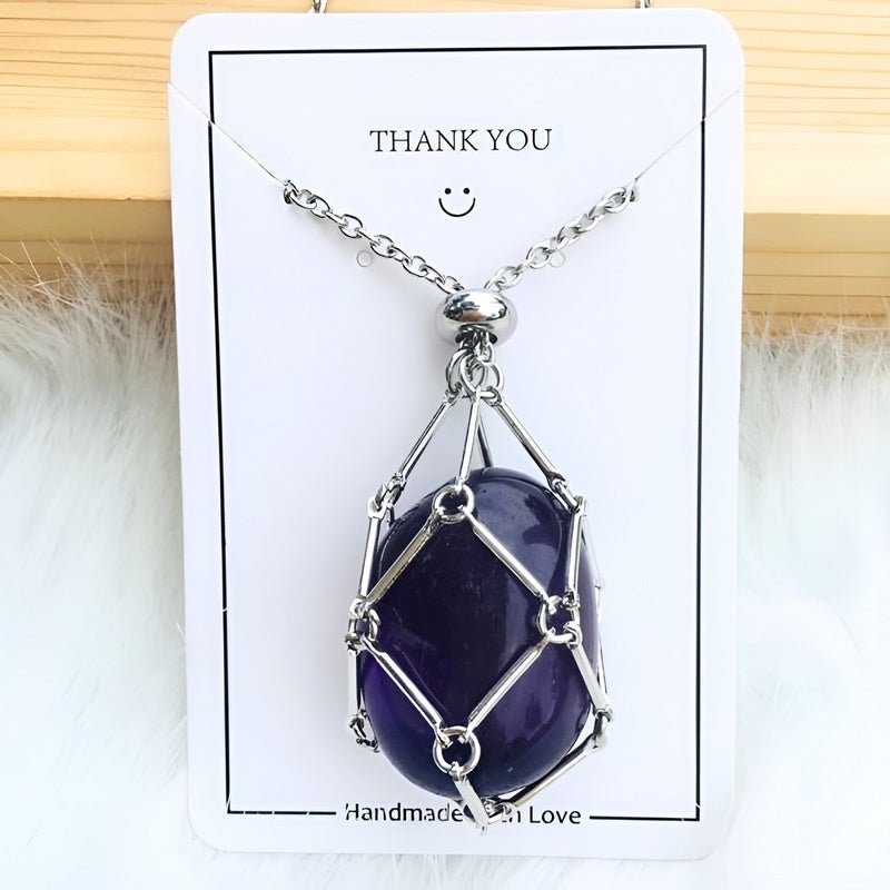 Necklace with Crystal Holder Pendant - CrystalGuard-Silver-Amethyst-The Livary