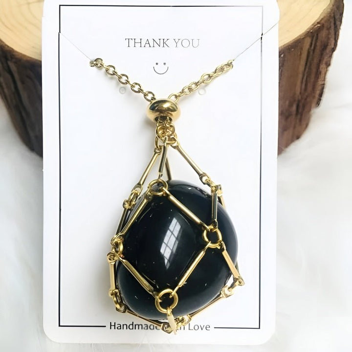 Necklace with Crystal Holder Pendant - CrystalGuard-Gold-Black Onyx-The Livary