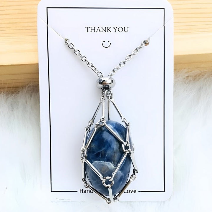 Necklace with Crystal Holder Pendant - CrystalGuard-Silver-Sapphire-The Livary