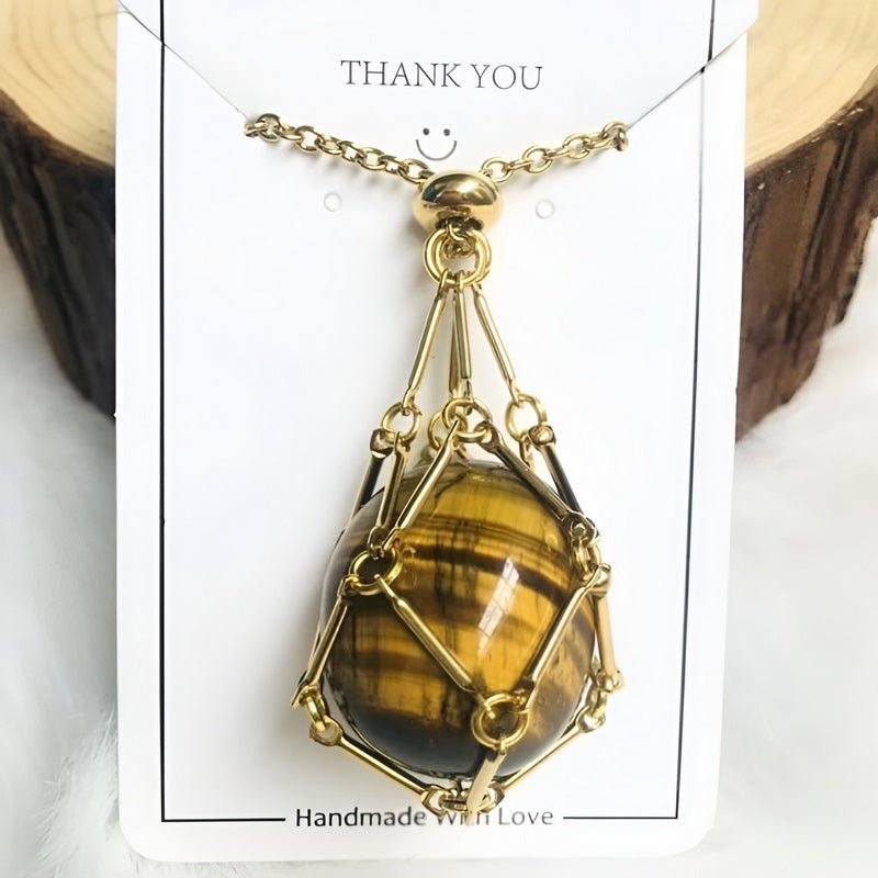 Necklace with Crystal Holder Pendant - CrystalGuard-Gold-Tiger's eye-The Livary