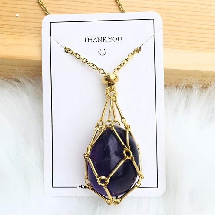 Necklace with Crystal Holder Pendant - CrystalGuard-Gold-Amethyst-The Livary
