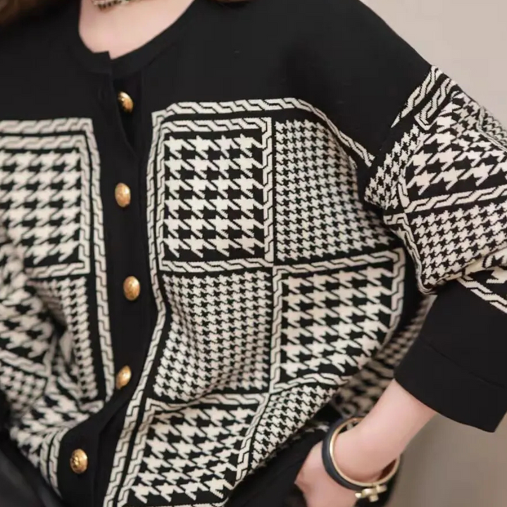 Black Women's Cardigan with Houndstooth Pattern - Isolde-XS-The Livary